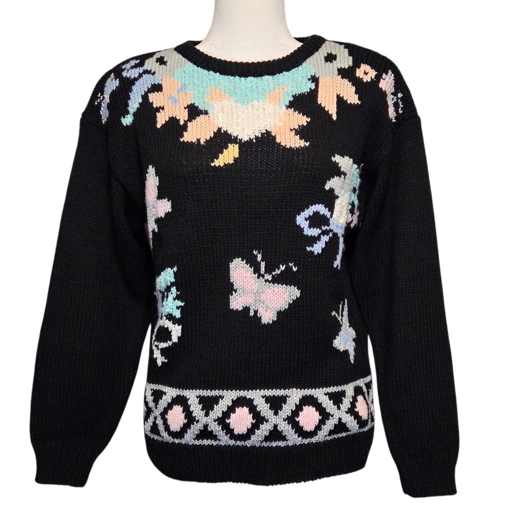 Vintage Black Crew Neck Sweater Womens Medium Whimsigoth Butterfly Retro Novelty